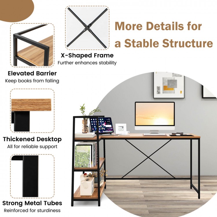 Reversible L-shaped computer workstation in walnut with 3-tier open shelf and X-shaped frame for enhanced stability.